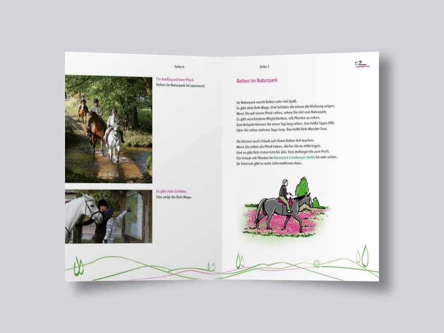 Großansicht Doppelseite Beispiel gestaltete Broschüre in Leichter Sprache Naturpark Lüneburger Heide