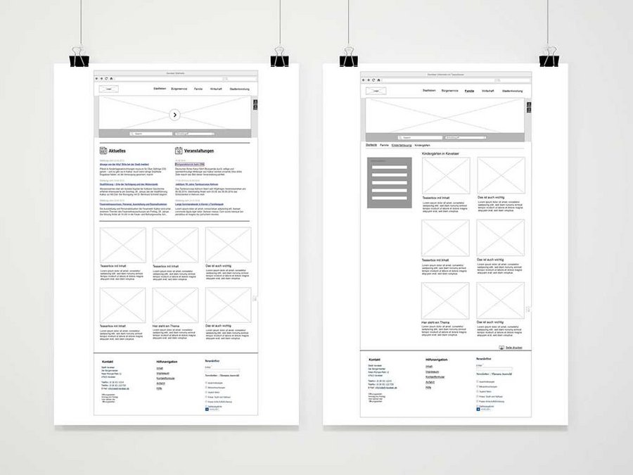 Wireframes aus der Konzept und Entwicklungsphase zum Relaunch des Internetauftritts der Stadt Kevelaer