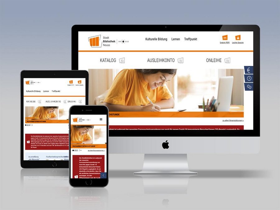 Großansicht Screenshots der Stadtbibliothek Neuss Website in verschiedenen Endgeräten