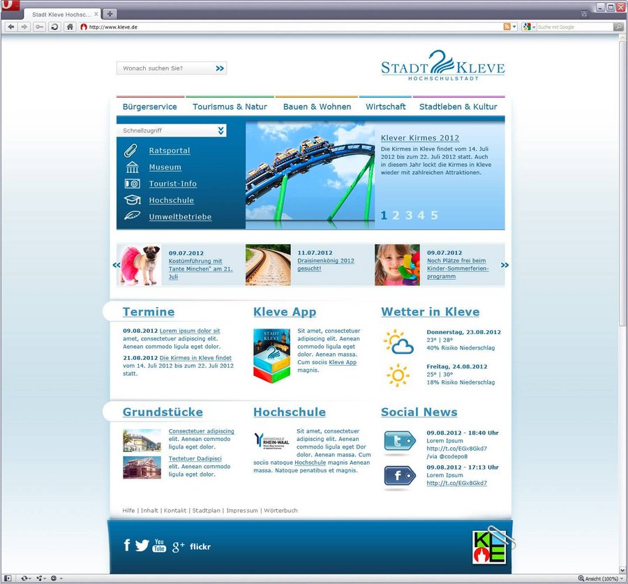 Großansicht Screendesign Startseiten-Konzept für die Stadt Kleve im Web 2.0 Look