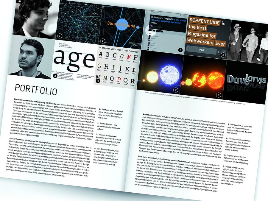 Doppelseite des Screenguide-Magazins – ersten Ausgabe nach dem erfolgreichen Webstandards-Magazin