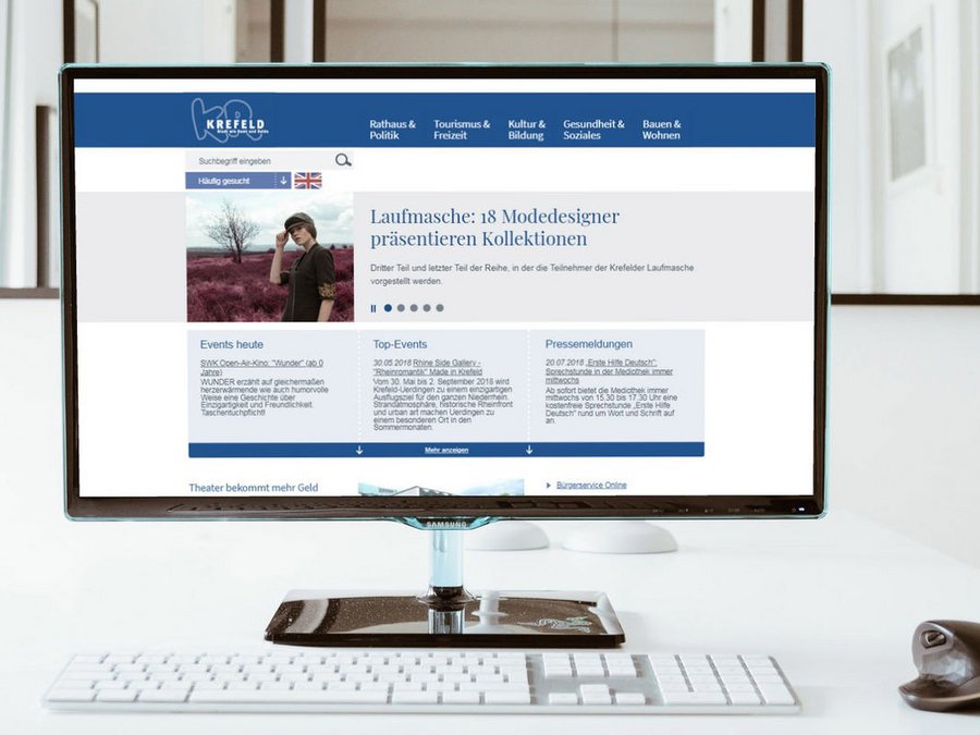 Großansicht Nach BITV für Barrierefreies Internet Responsive Website der Stadt Krefeld auf einem Desktop.
