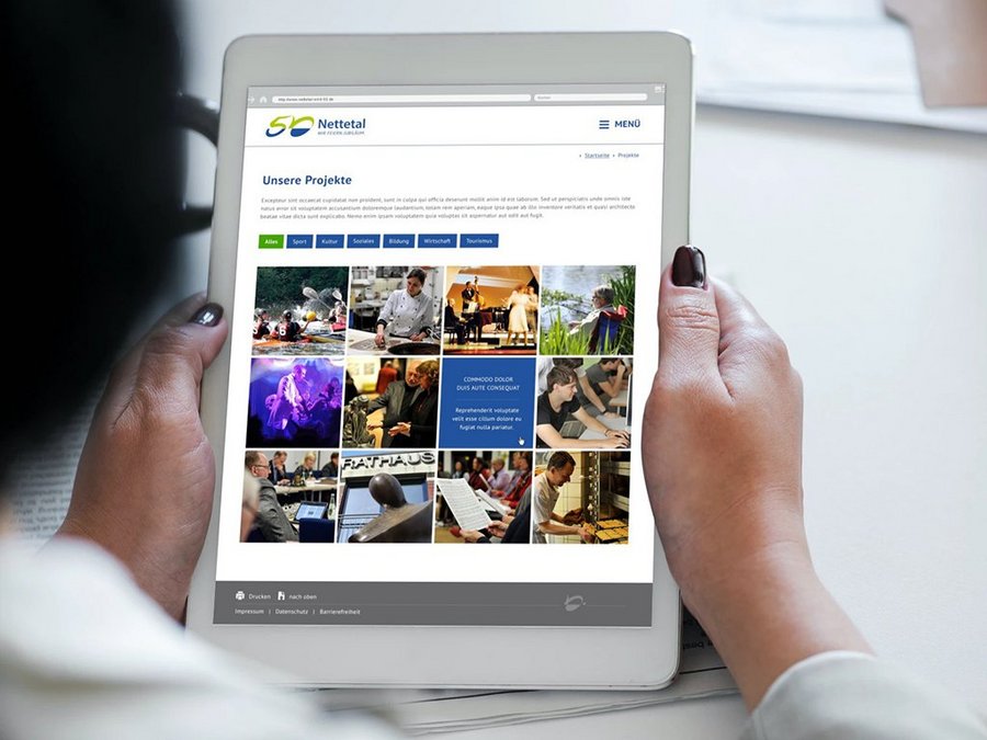Großansicht Projektübersicht im Kacheldesign auf der Projektwebsite zum 50-jährigen Jubiläum der Stadt Nettetal