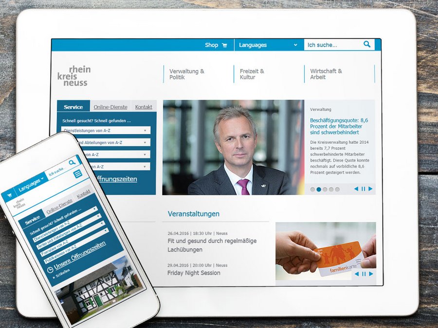 Großansicht Nach BITV barrierefreie responsive Internetseite des Rhein-Kreis Neuss auf Smartphone und Tablet