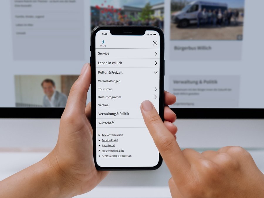 Großansicht Barrierefreier Internetauftritt der Stadt Willich auf einem Smartphone