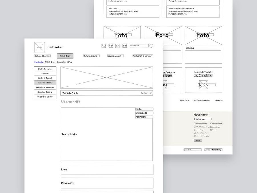 Großansicht Wireframe für den barrierefreien Internetauftritt der Stadt Willich in Responsive Design.