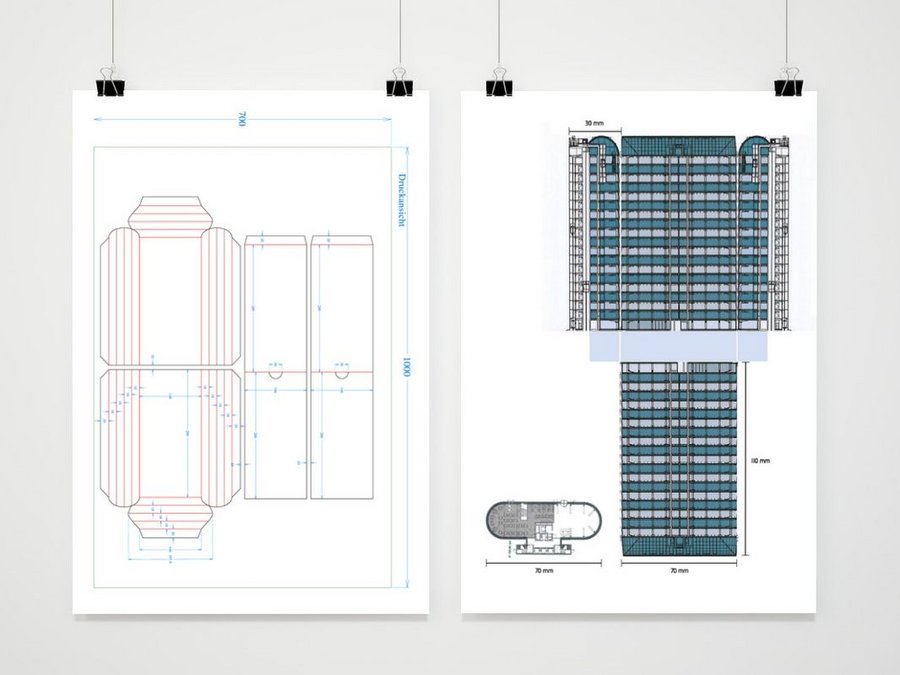 Druckbogen und Stanze. Ganz deutlich ist das Sign-Landmark-Gebäude im Verpackungsdesign zu erkennen.