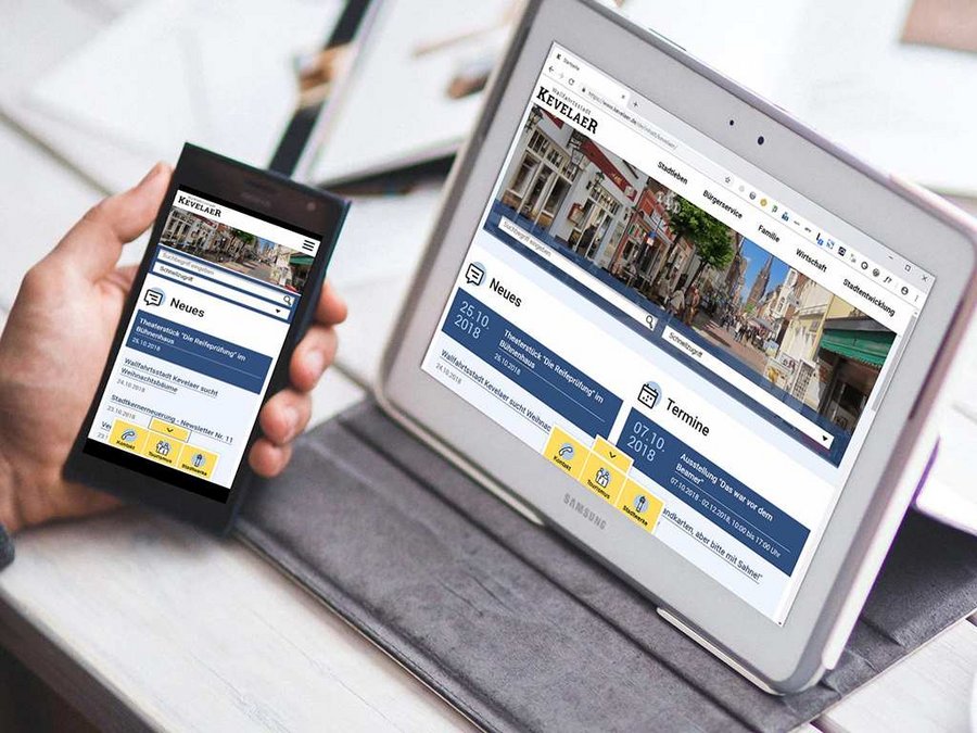 Responsive Webdesign und barrierefreies Webdesign – zwei Beispiel-Screenshots zum Relaunch der neuen Website der Stadt Kevelaer