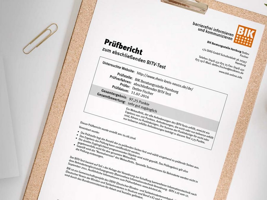 Großansicht Prüfbericht abschließender BITV-Test mit dem Ergebnis 97,25 Punkte (sehr gut zugänglich) für den Rhein-Kreis Neuss 