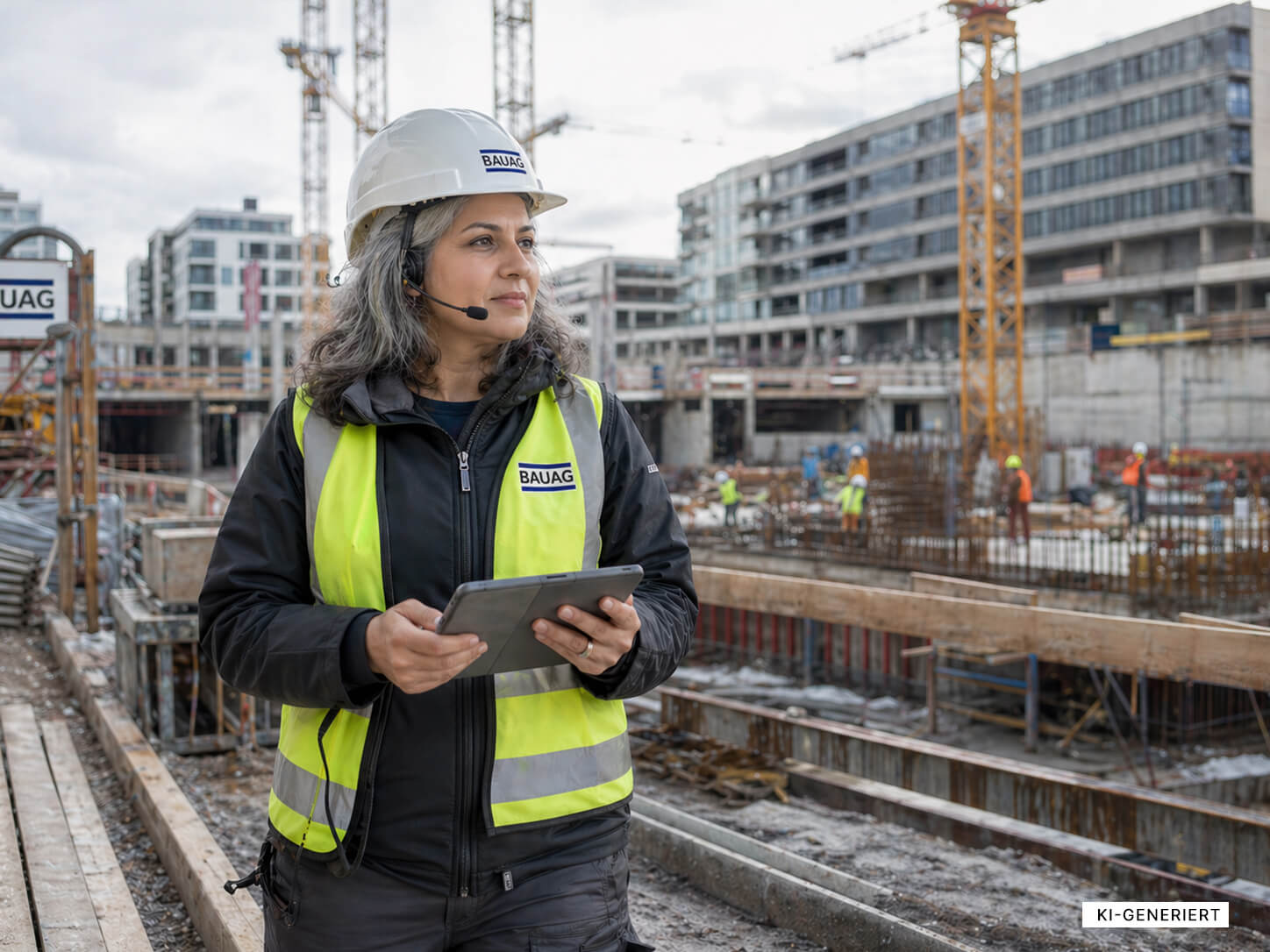 Eine Bauleiterin mit grau meliertem Haar und hellbraunem Teint steht in Sicherheitskleidung mit Tablet auf einer Großbaustelle