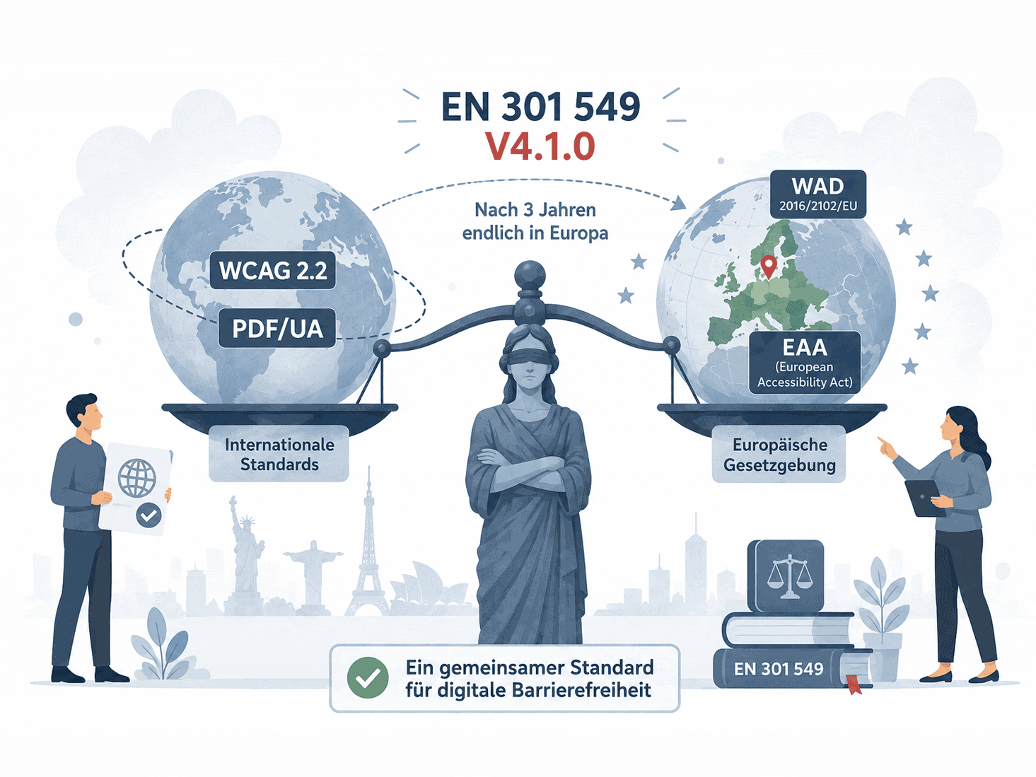 Illustration zur EN 301 549 V4.1.0: Eine Waage verbindet internationale Standards wie WCAG 2.2 und PDF/UA mit europäischer Gesetzgebung wie WAD und EAA.