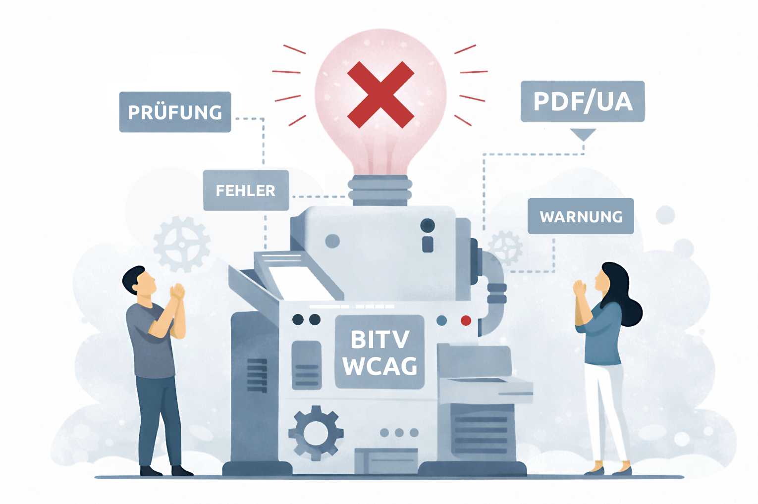 Illustration zur Prüfung von barrierefreien PDF: Darstellung einer Maschine, mit der Aufschrift BITV WCAG, die Fehler und Warnungen ausgibt. Daneben stehen zwei Personen die nach oben auf eine rot leuchtenden Glühbirne schauen.