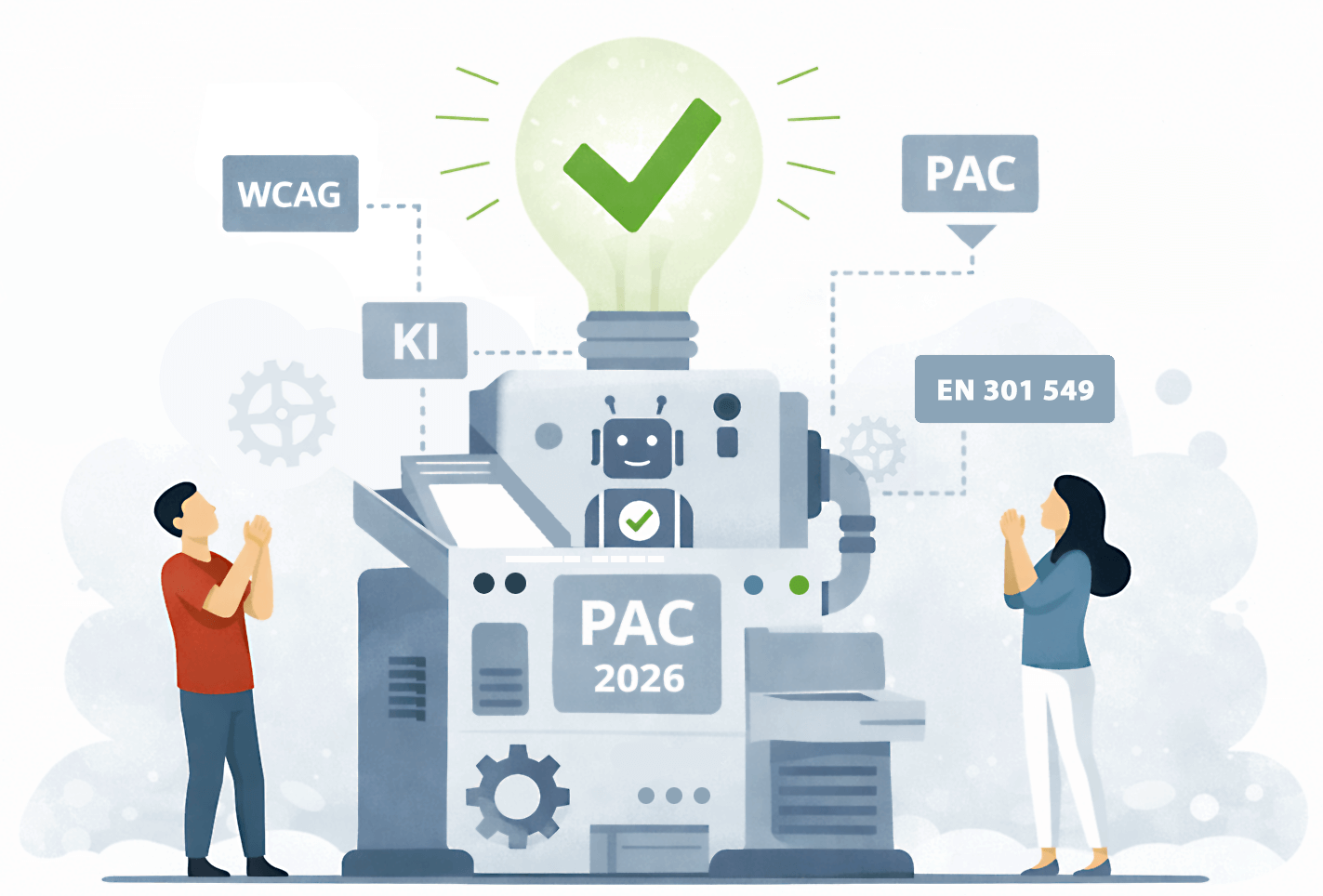 Grafik zur überspitzten Darstellung der automatischen PAC Prüfung mit KI-Funktion, die ein Heilsversprechen abgibt, das PAC nicht einhalten kann