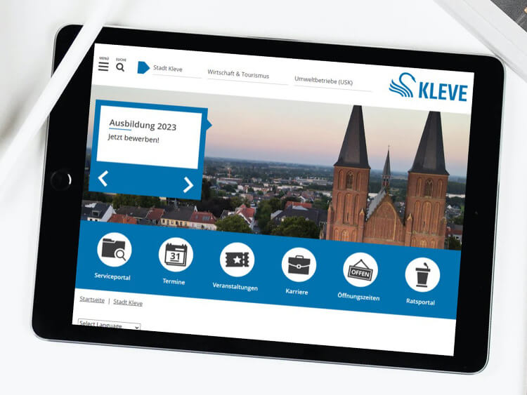 Screenshot Ausschnitt neuer Internetauftritt der Stadt Kleve auf einem Tablet im Querformat