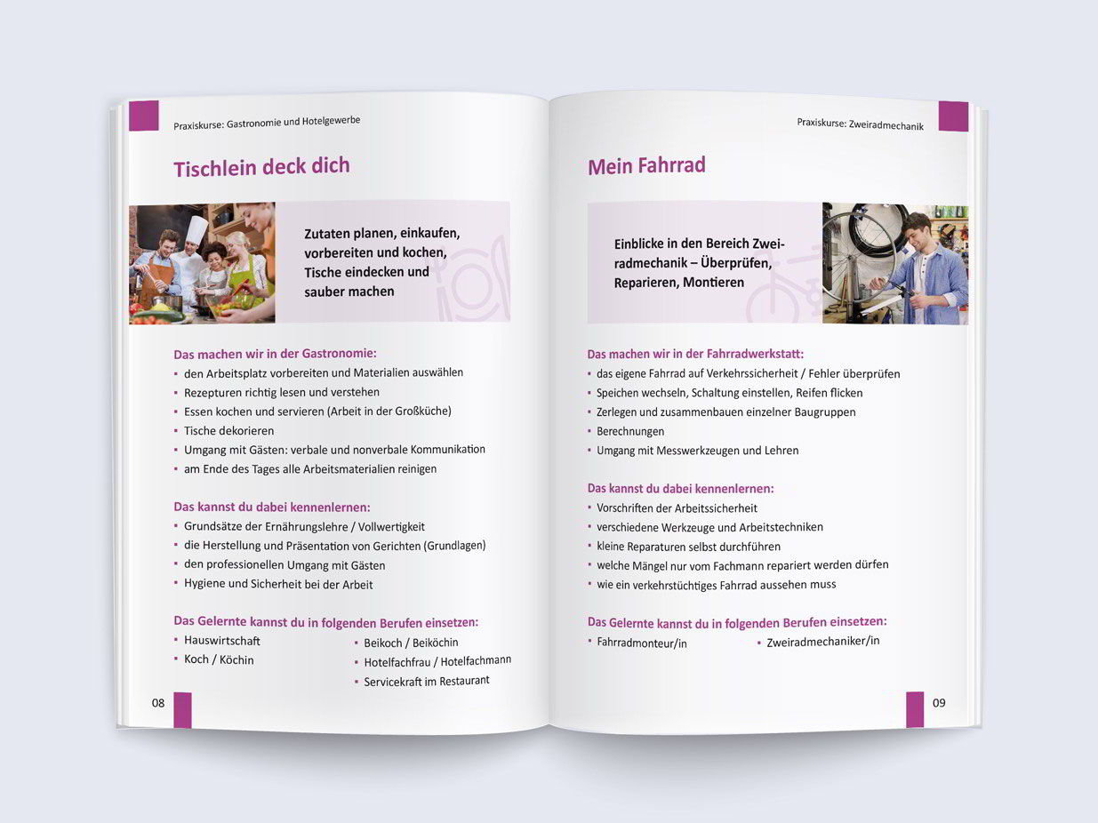 Aufgeschlagene Doppelseite der Praxisbroschüre vom Rhein-Kreis Neuss.