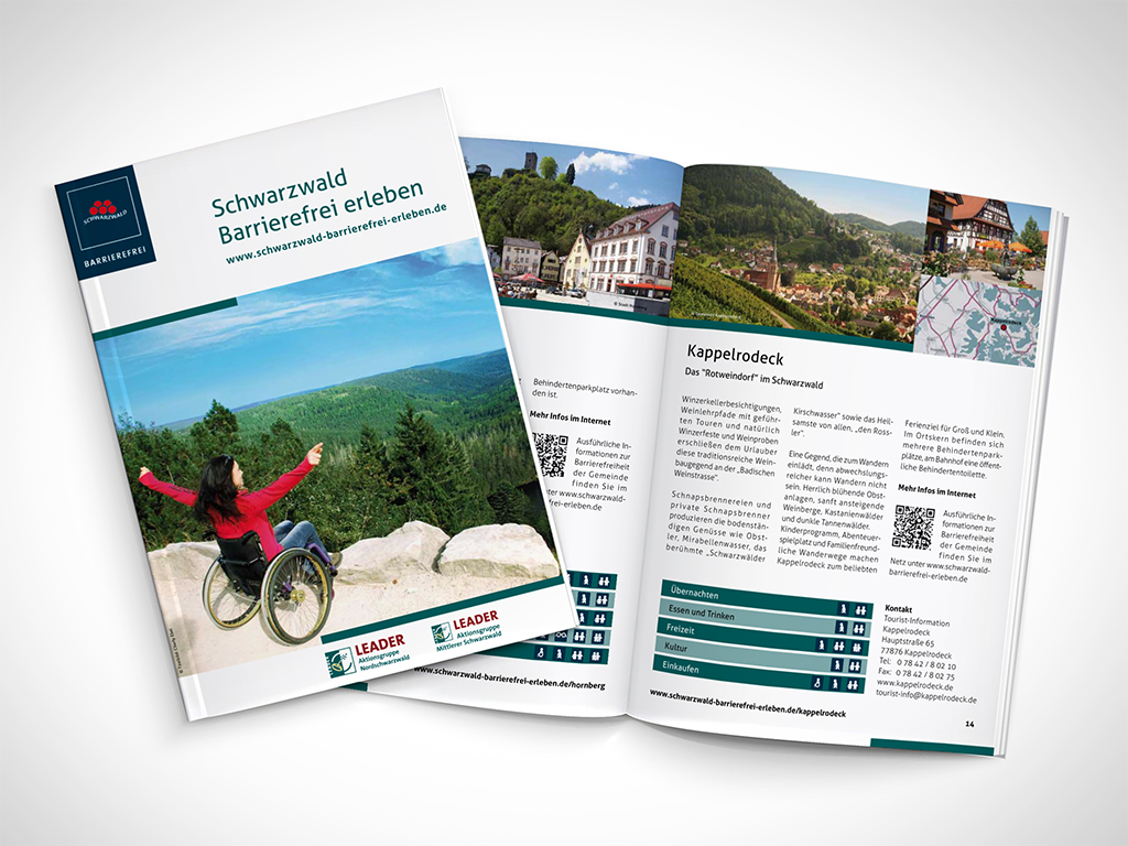 Titel und Beispielseiten der Broschüre barrierefreier Tourismus Leader-Region Schwarzwald