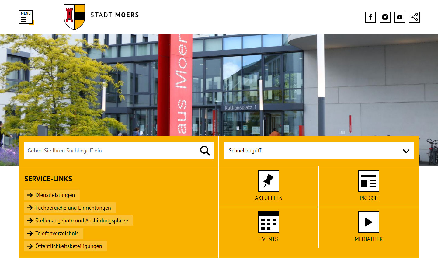 Screenshot der Startseite von der Stadt Moers